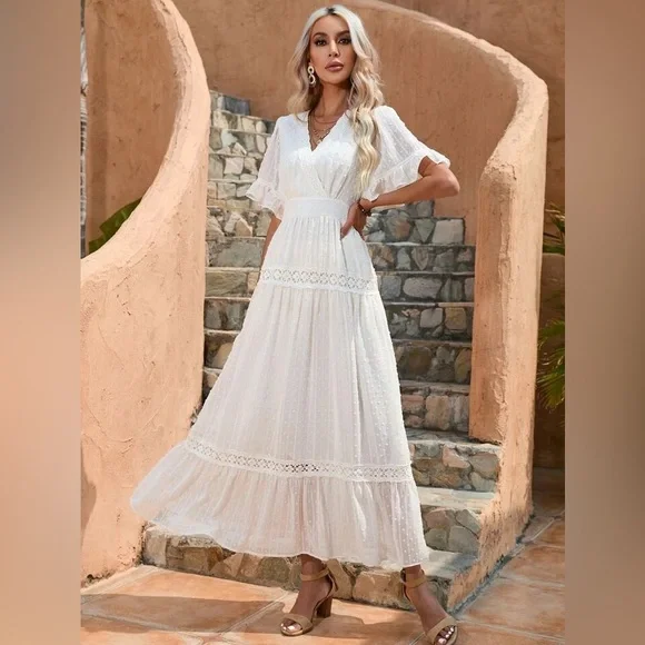 Swiss Dot Guipure Lace Insert Flounce Sleeve Ruffle Hem Dress Large | Color: Cream | Size: L | Meganvanderwall's Closet Swiss Dot Guipure Lace Insert Flounce Sleeve Ruffle Hem Dress Large | Color: Cream | Size: L | Meganvanderwall's Closet